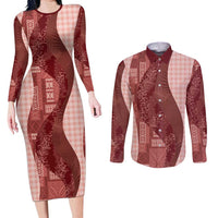 Polynesian Tribal Pattern Patchwork Picturesque Couples Matching Long Sleeve Bodycon Dress and Long Sleeve Button Shirt Crimson LT7 Crimson - Polynesian Pride