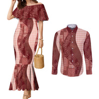 Polynesian Tribal Pattern Patchwork Picturesque Couples Matching Mermaid Dress and Long Sleeve Button Shirt Crimson LT7 Crimson - Polynesian Pride