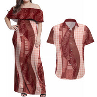 Polynesian Tribal Pattern Patchwork Picturesque Couples Matching Off Shoulder Maxi Dress and Hawaiian Shirt Crimson LT7 Crimson - Polynesian Pride