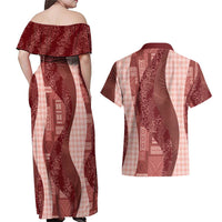 Polynesian Tribal Pattern Patchwork Picturesque Couples Matching Off Shoulder Maxi Dress and Hawaiian Shirt Crimson LT7 - Polynesian Pride