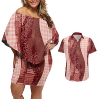 Polynesian Tribal Pattern Patchwork Picturesque Couples Matching Off Shoulder Short Dress and Hawaiian Shirt Crimson LT7 Crimson - Polynesian Pride