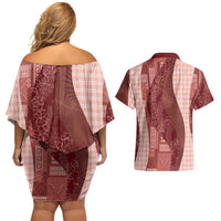 Polynesian Tribal Pattern Patchwork Picturesque Couples Matching Off Shoulder Short Dress and Hawaiian Shirt Crimson LT7 - Polynesian Pride