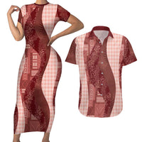 Polynesian Tribal Pattern Patchwork Picturesque Couples Matching Short Sleeve Bodycon Dress and Hawaiian Shirt Crimson LT7 Crimson - Polynesian Pride