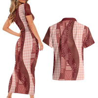 Polynesian Tribal Pattern Patchwork Picturesque Couples Matching Short Sleeve Bodycon Dress and Hawaiian Shirt Crimson LT7 - Polynesian Pride
