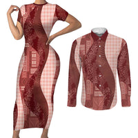Polynesian Tribal Pattern Patchwork Picturesque Couples Matching Short Sleeve Bodycon Dress and Long Sleeve Button Shirt Crimson LT7 Crimson - Polynesian Pride