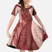 Polynesian Tribal Pattern Patchwork Picturesque Kid Short Sleeve Dress Crimson LT7 KID Crimson - Polynesian Pride