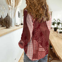 Polynesian Tribal Pattern Patchwork Picturesque Women Casual Shirt Crimson LT7 - Polynesian Pride