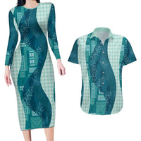 Polynesian Tribal Pattern Patchwork Picturesque Couples Matching Long Sleeve Bodycon Dress and Hawaiian Shirt Oceanic LT7 Blue - Polynesian Pride