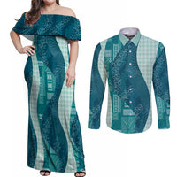 Polynesian Tribal Pattern Patchwork Picturesque Couples Matching Off Shoulder Maxi Dress and Long Sleeve Button Shirt Oceanic LT7 Blue - Polynesian Pride
