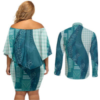 Polynesian Tribal Pattern Patchwork Picturesque Couples Matching Off Shoulder Short Dress and Long Sleeve Button Shirt Oceanic LT7 - Polynesian Pride