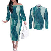 Polynesian Tribal Pattern Patchwork Picturesque Couples Matching Off The Shoulder Long Sleeve Dress and Long Sleeve Button Shirt Oceanic LT7 Blue - Polynesian Pride