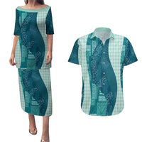 Polynesian Tribal Pattern Patchwork Picturesque Couples Matching Puletasi and Hawaiian Shirt Oceanic LT7 Blue - Polynesian Pride