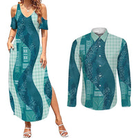 Polynesian Tribal Pattern Patchwork Picturesque Couples Matching Summer Maxi Dress and Long Sleeve Button Shirt Oceanic LT7 Blue - Polynesian Pride