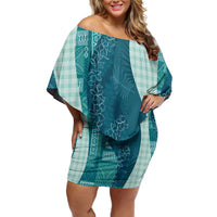 Polynesian Tribal Pattern Patchwork Picturesque Family Matching Off Shoulder Short Dress and Hawaiian Shirt Oceanic LT7 Mom's Dress Blue - Polynesian Pride