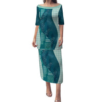 Polynesian Tribal Pattern Patchwork Picturesque Family Matching Puletasi and Hawaiian Shirt Oceanic LT7 Mom's Dress Blue - Polynesian Pride