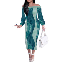 Polynesian Tribal Pattern Patchwork Picturesque Off The Shoulder Long Sleeve Dress Oceanic LT7 Women Blue - Polynesian Pride