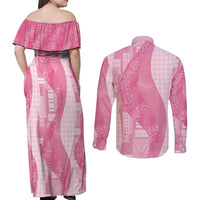 Polynesian Tribal Pattern Patchwork Picturesque Couples Matching Off Shoulder Maxi Dress and Long Sleeve Button Shirt Rose Pink LT7 - Polynesian Pride
