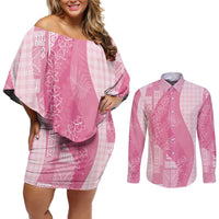 Polynesian Tribal Pattern Patchwork Picturesque Couples Matching Off Shoulder Short Dress and Long Sleeve Button Shirt Rose Pink LT7 Rose Pink - Polynesian Pride