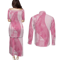 Polynesian Tribal Pattern Patchwork Picturesque Couples Matching Puletasi and Long Sleeve Button Shirt Rose Pink LT7 - Polynesian Pride
