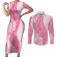 Polynesian Tribal Pattern Patchwork Picturesque Couples Matching Short Sleeve Bodycon Dress and Long Sleeve Button Shirt Rose Pink LT7 Rose Pink - Polynesian Pride