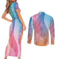 Polynesian Tribal Pattern Patchwork Picturesque Couples Matching Short Sleeve Bodycon Dress and Long Sleeve Button Shirt Holographic LT7 - Polynesian Pride