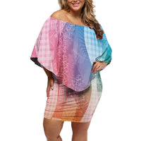 Polynesian Tribal Pattern Patchwork Picturesque Off Shoulder Short Dress Holographic LT7 Women Holographic - Polynesian Pride