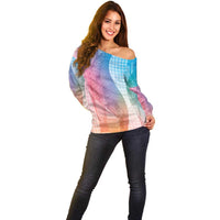 Polynesian Tribal Pattern Patchwork Picturesque Off Shoulder Sweater Holographic LT7 - Polynesian Pride