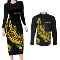 Personalized Solomon Islands Independence Anniversary Couples Matching Long Sleeve Bodycon Dress and Long Sleeve Button Shirt Crocodile Mix Tapa