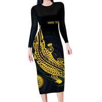 Personalized Solomon Islands Independence Anniversary Family Matching Long Sleeve Bodycon Dress and Hawaiian Shirt Crocodile Mix Tapa