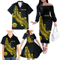 Personalized Solomon Islands Independence Anniversary Family Matching Off The Shoulder Long Sleeve Dress and Hawaiian Shirt Crocodile Mix Tapa