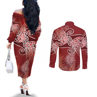 Aotearoa Maori Koru Curves Couples Matching Off The Shoulder Long Sleeve Dress and Long Sleeve Button Shirt Silver Ferns - Crimson Red