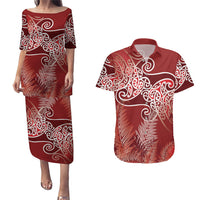 Aotearoa Maori Koru Curves Couples Matching Puletasi and Hawaiian Shirt Silver Ferns - Crimson Red LT7 Red - Polynesian Pride