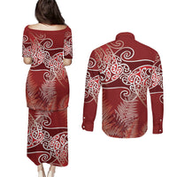 Aotearoa Maori Koru Curves Couples Matching Puletasi and Long Sleeve Button Shirt Silver Ferns - Crimson Red LT7 - Polynesian Pride