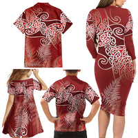 Aotearoa Maori Koru Curves Family Matching Long Sleeve Bodycon Dress and Hawaiian Shirt Silver Ferns - Crimson Red