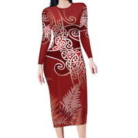 Aotearoa Maori Koru Curves Family Matching Long Sleeve Bodycon Dress and Hawaiian Shirt Silver Ferns - Crimson Red