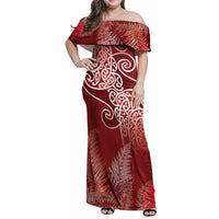 Aotearoa Maori Koru Curves Family Matching Off Shoulder Maxi Dress and Hawaiian Shirt Silver Ferns - Crimson Red