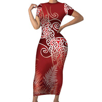 Aotearoa Maori Koru Curves Family Matching Short Sleeve Bodycon Dress and Hawaiian Shirt Silver Ferns - Crimson Red