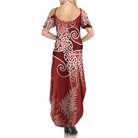 Aotearoa Maori Koru Curves Family Matching Summer Maxi Dress and Hawaiian Shirt Silver Ferns - Crimson Red