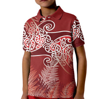 Aotearoa Maori Koru Curves Kid Polo Shirt Silver Ferns - Crimson Red LT7 Kid Red - Polynesian Pride