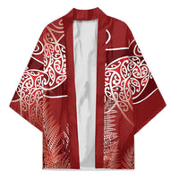 Aotearoa Maori Koru Curves Kimono Silver Ferns - Crimson Red LT7 Unisex Red - Polynesian Pride