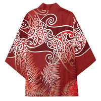 Aotearoa Maori Koru Curves Kimono Silver Ferns - Crimson Red LT7 - Polynesian Pride