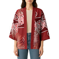 Aotearoa Maori Koru Curves Kimono Silver Ferns - Crimson Red LT7 - Polynesian Pride