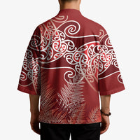Aotearoa Maori Koru Curves Kimono Silver Ferns - Crimson Red LT7 - Polynesian Pride
