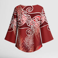 Aotearoa Maori Koru Curves Kimono Sleeve Blouse Silver Ferns - Crimson Red LT7 - Polynesian Pride