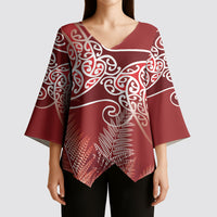 Aotearoa Maori Koru Curves Kimono Sleeve Blouse Silver Ferns - Crimson Red LT7 - Polynesian Pride