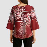 Aotearoa Maori Koru Curves Kimono Sleeve Blouse Silver Ferns - Crimson Red LT7 - Polynesian Pride