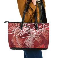 Aotearoa Maori Koru Curves Leather Tote Bag Silver Ferns - Crimson Red LT7 - Polynesian Pride