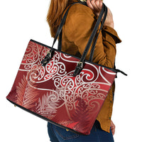 Aotearoa Maori Koru Curves Leather Tote Bag Silver Ferns - Crimson Red LT7 - Polynesian Pride
