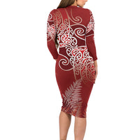 Aotearoa Maori Koru Curves Long Sleeve Bodycon Dress Silver Ferns - Crimson Red LT7 - Polynesian Pride