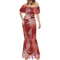 Aotearoa Maori Koru Curves Mermaid Dress Silver Ferns - Crimson Red LT7 - Polynesian Pride